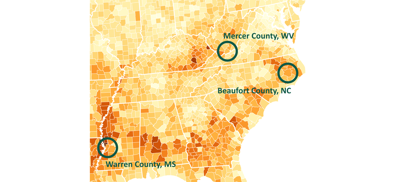 Zoomed in map of USA with Mercer County, WV and Beaufort County, NC and Warren County, MS highlighted