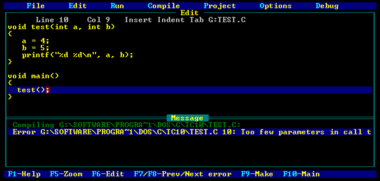 Borland Turbo C on IBM PC showing a compilation error
