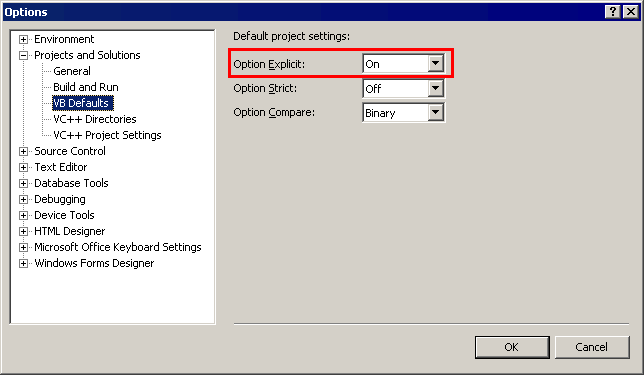 Option Strict and Option Explicit in VB.NET 2005