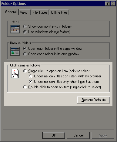 Explorer folder options dialog screenshot