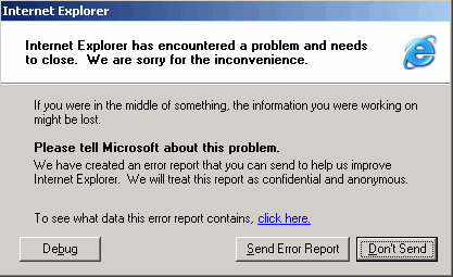 Screenshot of IE crash dialog using Windows Error Reporting