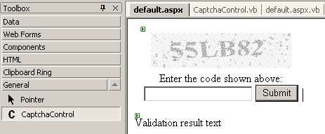 screenshot of ASP.NET CAPTCHA server control