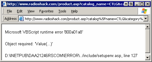 Radio Shack website error