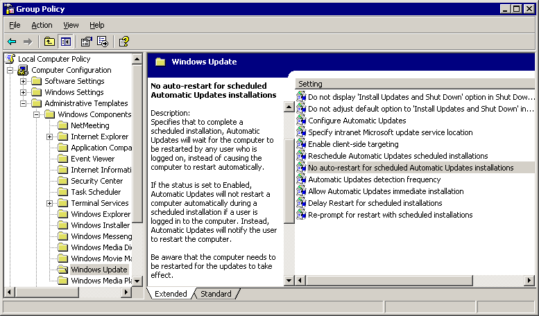 Windows Update group policies screenshot