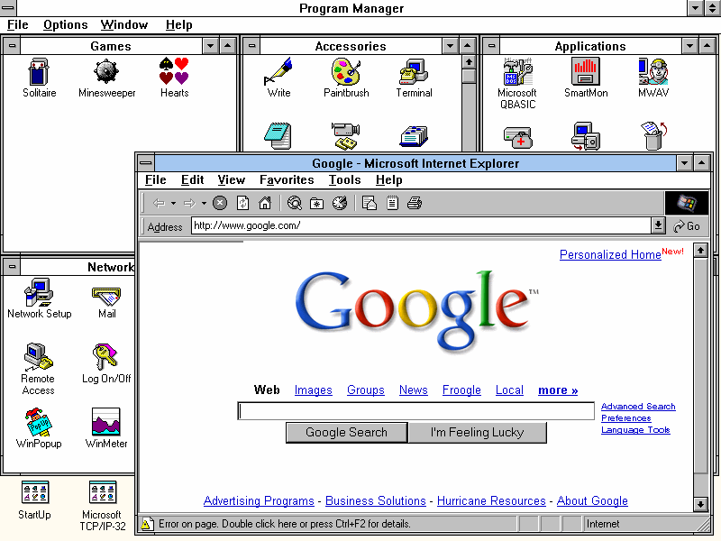 Windows for Workgroups 3.11 browsing Google
