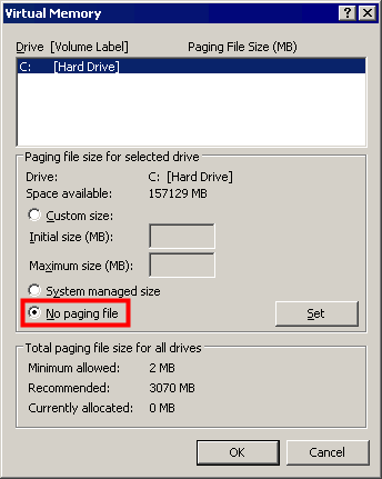 Windows XP virtual memory settings dialog