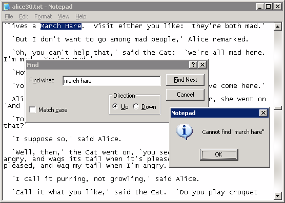 Standard search in Microsoft Notepad
