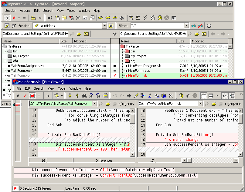 Screenshot of Beyond Compare in action