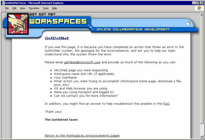 I clicked on a GotDotNet workspace and all I got was this lousy error page