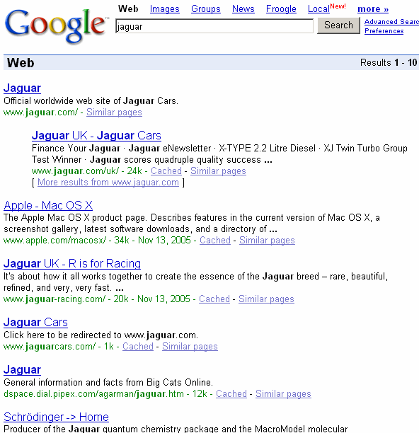 A Google search for the word 'jaguar'