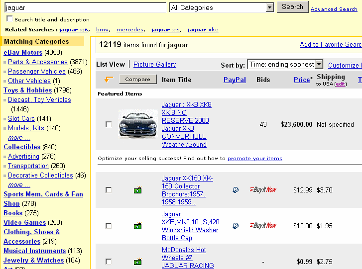 an eBay search for the word 'jaguar'