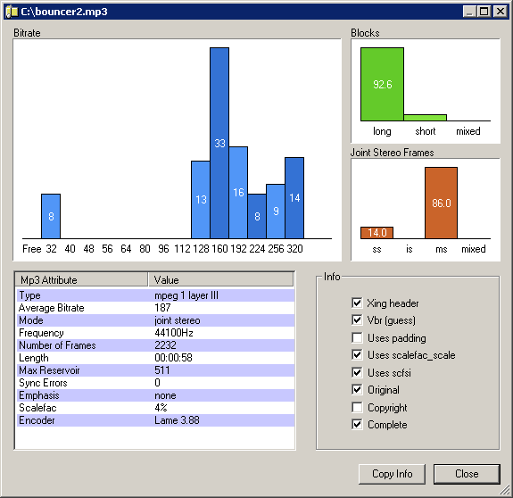 EncSpot analysis tool showing a variable bit rate MP3 file