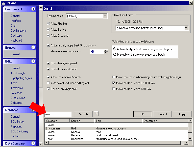 Toad for SQL Server options dialog