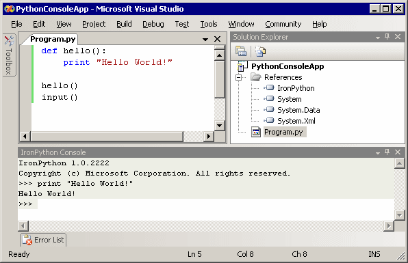 Visual Studio 2005 Python 'Hello World' Project