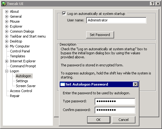 TweakUI, Login, Autologon