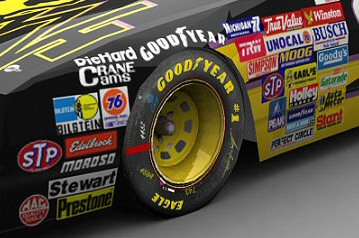 Closeup of advertising decals on NASCAR vehicle