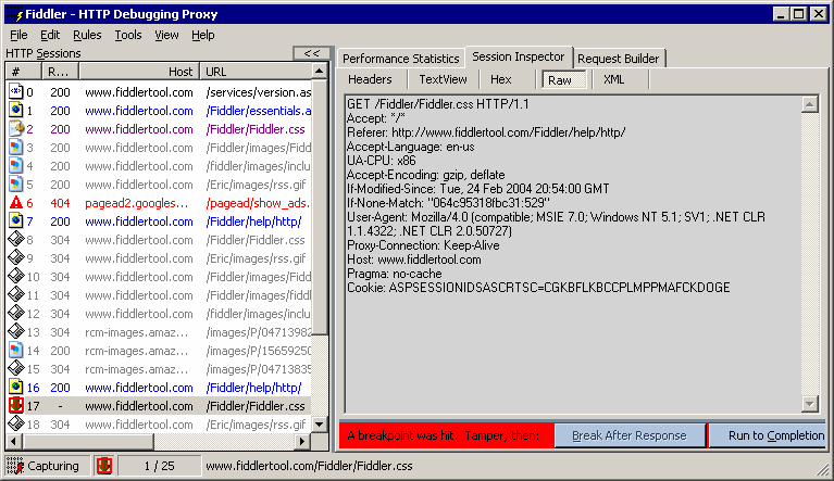 A screenshot of Fiddler