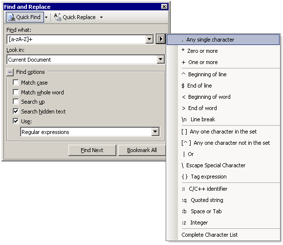 The Visual Studio 2005 find dialog