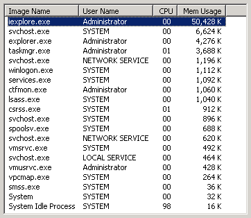 A list of processes in Taskman for the IE7 virtual machine