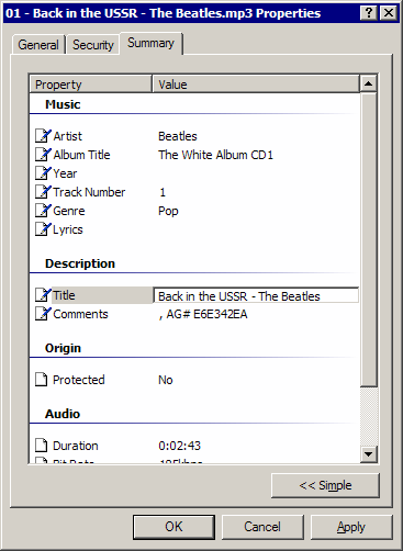 Windows XP mp3 file properties dialog, summary tag, advanced button