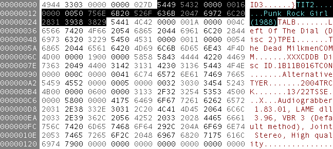 ID3 tag displayed in a hex editor