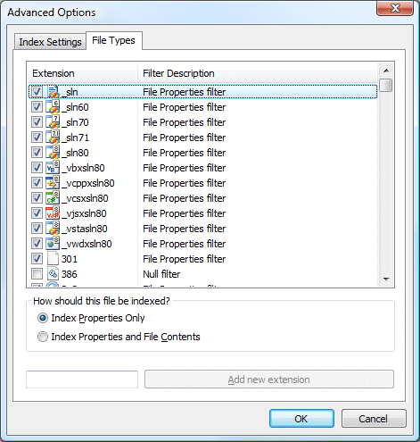 Vista indexes, advanced options button, file types tab