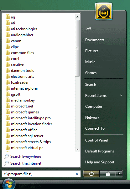 Windows Vista start menu path search