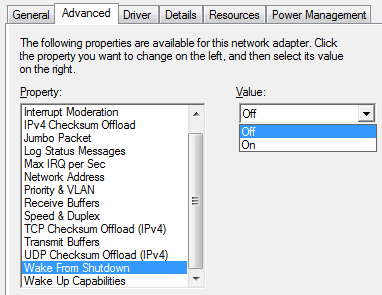 network adapter device properties, advanced tab, wake from shutdown