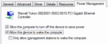 network adapter device properties, power management tab, Allow this device to wake the computer