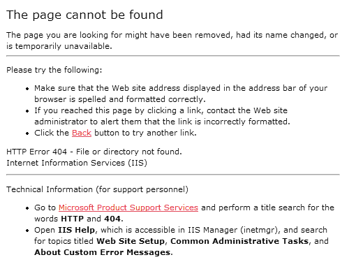 default 404 page from Microsoft Internet Information Server (IIS) webserver