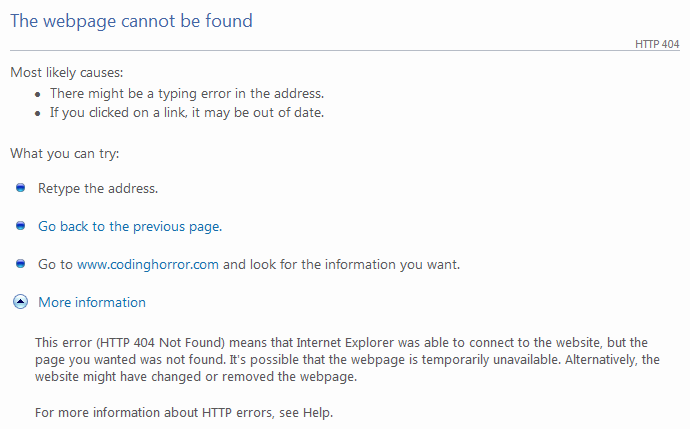 Friendly 404 page from Internet Explorer 7