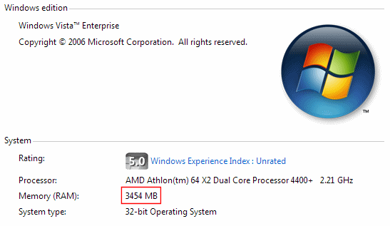 Vista System Information, 4 GB installed, 32-bit operating system