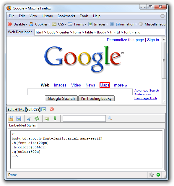 Firefox Web Developer Extension screenshot