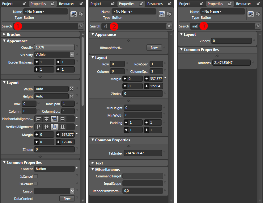 Filtragem de pesquisa de propriedades do Expression Blend