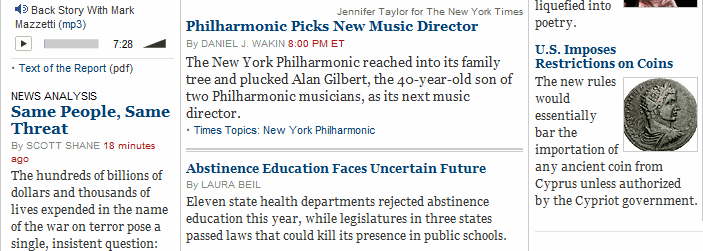 New York Times online, columnar layout