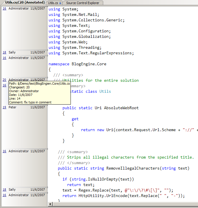 Visual Studio IDE with source control annotations (blame)