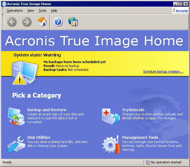 Acronis True Image 11 Home screen