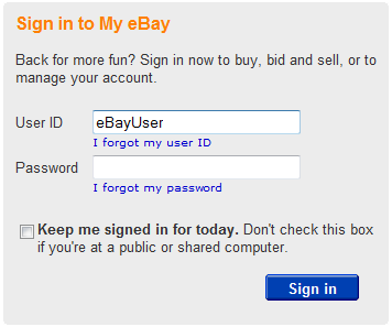 eBay sign in form in Internet Explorer 7