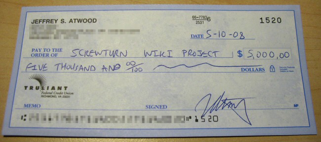 $5,000 check to ScrewTurn Wiki