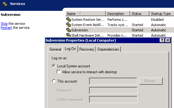 Subversion service screenshot