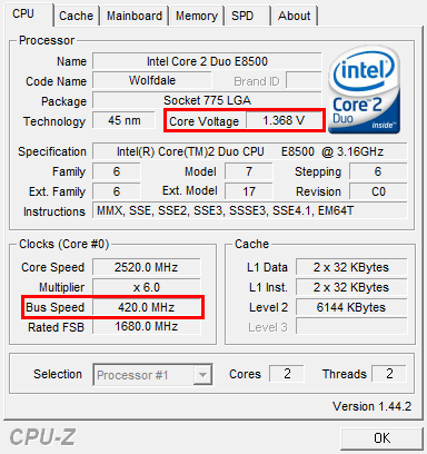 cpu-z E8500 @ 4 GHz