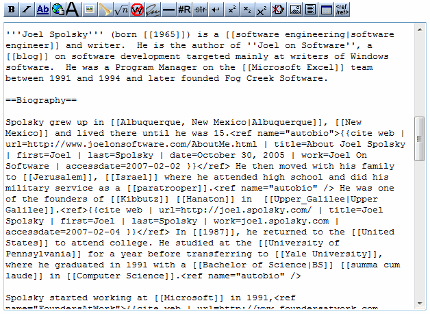 Wikipedia Edit page for Joel Spolsky entry