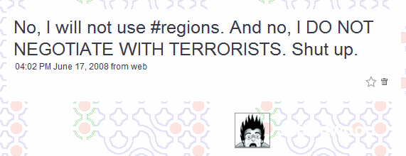 Twitter message from codinghorror about #regions