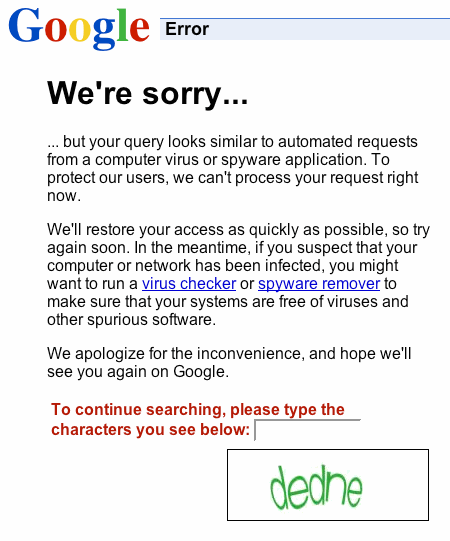 google error: we're sorry, search rate limiter with captcha