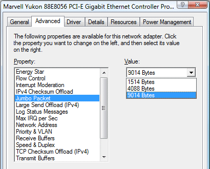 gigabit jumbo marvell yukon advanced settings