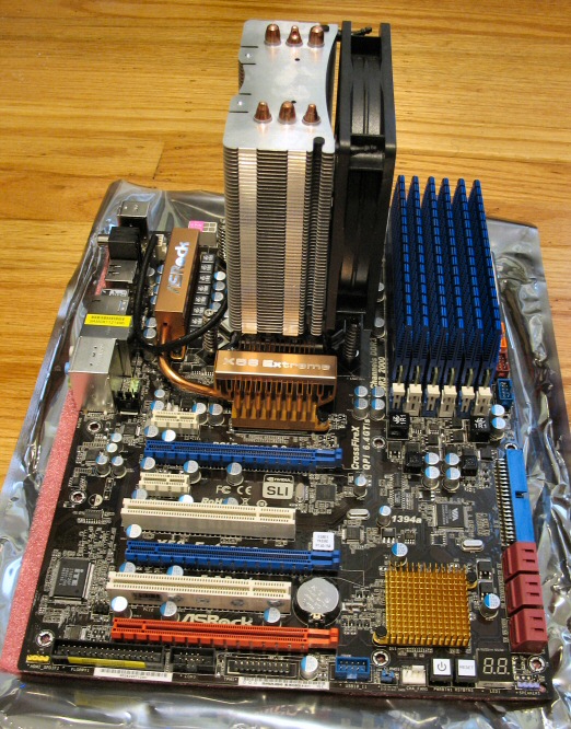 motherboard, CPU, heatsink, and memory assembled for the rebuild