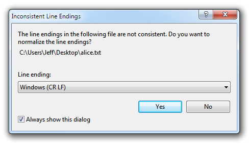 Visual Studio - Inconsistent Line Endings dialog